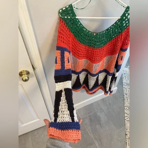Free People Modern Art Geo Crochet Open Knit Flared Bell Sleeves Sweater Top M - Picture 4 of 6